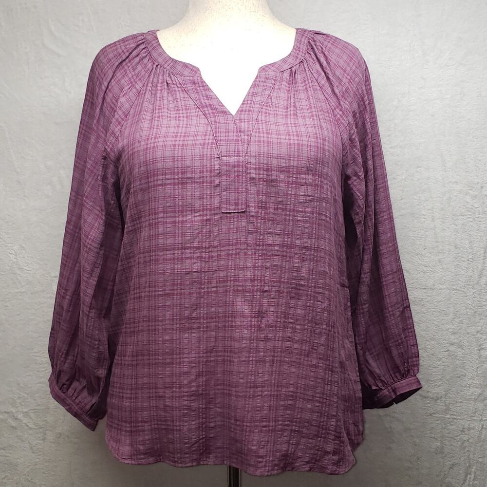 Christopher Banks Purple Check Blouse Size PL Cotton Peasant Sleeve Cottagecore